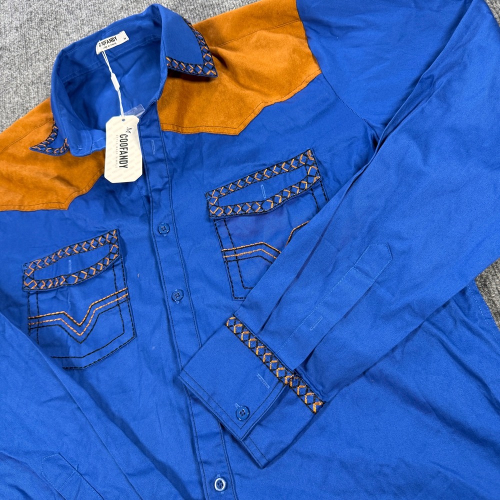 Coofandy Mens Western Shirt Blue Faux Suede Yoke Braided Embroidery Size M NEW